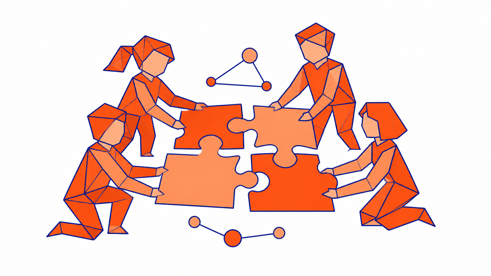 Four origami people connecting puzzle pieces together